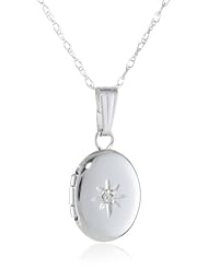 14k White Gold Childrens Oval Locket with Genuine Diamond Necklace, 13"