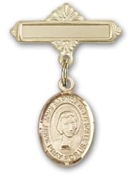 Gold Filled Baby Badge with St. John Baptist de la Salle Charm and Polished Badge Pin