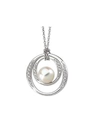 14K White Gold 08.00 mm Freshwater Cultured Pearl And Diamond Necklace