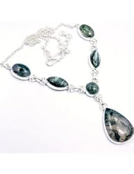 Sterling Silver Green Moss Agate, Russian Seraphinite Y-shape Necklace