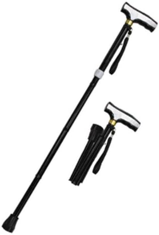 Black Heavy Duty Folding / Adjustable Aluminum Walking Cane 4 Folding Sections Snap Out Automatically Adjustable Heights: 32-1/2 to 36-1/2" Wood Handle.