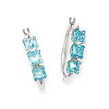 14k White Gold & Blue Topaz 3 Square Stone Hoop Earrings