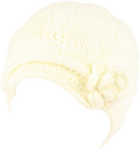 Hand Knit Winter Cable Crochet Flower Visor Beanie Skull Ski Snow Cap Hat Ivory