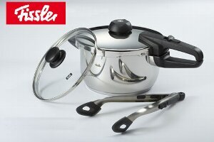fissler ロイヤル圧力鍋３，５Ｌ[ガラス蓋２２ｃｍ＋シリコントング＋蒸し器、蒸し器台＋料理ブック付き]11-633-03-TONG