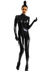 Amour- Sexy Black Gothic Punk Zipper Front Wetlook Overall Catsuit Romper