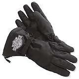 Harley Davidson Waterproof Nylon Gloves. This waterproof nylon glove features a new, exclusive Gore-Tex liner developed for Harley-Davidson. Insulated for added warmth, envelope knuckles for maximum mobility, and anti-slip pads on palm for ultimate grip. Hook & loop touch fastener wrist closures. Precurved fingers and water-resistant nylon outer shell. Embossed reflective Bar & Shield logo to match every rainsuit. 98170-05VM