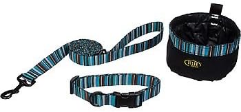 Bison Pet Dog 3-Piece Set in Turqouise Stripes Medium Bowl: 6" Diameter X 3.75" H Collar: For Necks 15"-24" Leash: 6' L X 1" W