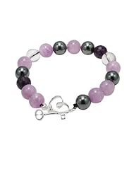 Sterling Silver Semi Precious Multi Beaded Bracelet with Heart and Key Toggle Closure