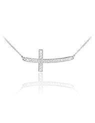 14k White Gold Sideways Curved Cross CZ Pendant Necklace