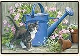 Fiddlers Elbow Gardener's Assistant Black and White Cat with Blue Watering Can Doormat
