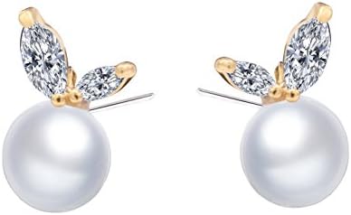 Gold Plated Copper AAA-Cubic-Zirconia and Pearl Earrings Bud-Shape Style Women's Ear Studs