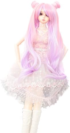 9-10 inch (22-24cm) 1/3 BJD/SD Doll Wig Gradient Color Long Curly Hair With 2 Buns (Pink Purple)