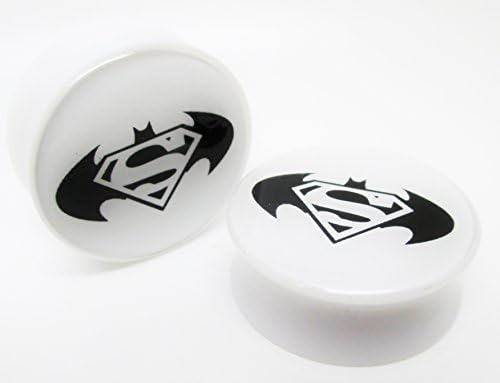 1" (25mm) Batman Vs Superman - White - Acrylic Ear Plug - Double Flared Saddle - New *Pair*