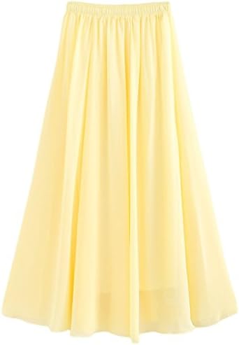 ZiangLuke® Women Pure Color Streched Waist Chiffon Long Skirts Double Layer Flowy Half Dress (Samll, Yellow)