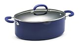 Rachael Ray Porcelain Enamel Nonstick 8-Quart Oval Pasta Pot with Glass Lid, Blue