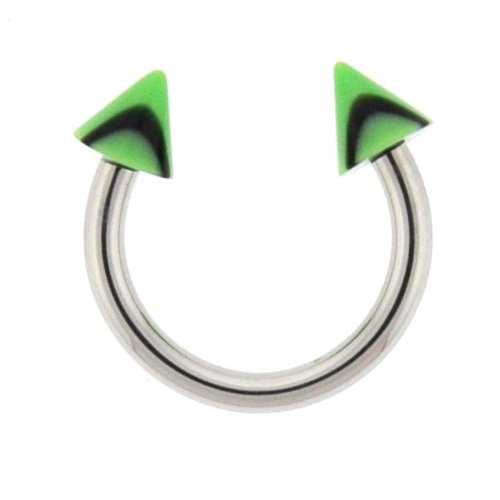 STAINLESS STEEL HORSESHOE WITH SPIKE GREEN/BLACK DESIGN Gauge: 14, Ball Size: 4mm Sold as a Pair