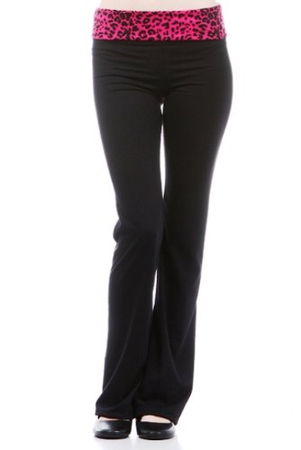 Yoga Pants w/ Black & Hot Pink Cheetah Print Fold Over Waist & Flared Leg