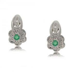 Buy 14k White Gold Huggie Flower Earrings w Emerald and Diamonds by GemAffair
