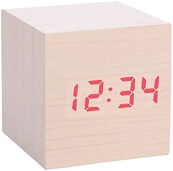 sdber® Fashion Cube Mini White Wood Grain Red LED Light Alarm Clock with Time and Temperature Display & Sound Control