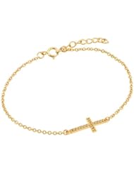 18K Yellow Gold Plated Sterling Silver High Polish Pave Set Cubic Zirconia CZ Sideways Cross Designer Fashion Charm Bracelet with 7"-8" Adjustable Link