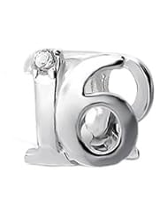 .925 Sterling Silver "Number 16 Sixteen 16th Birthday Sweet Sixteen" Charm Bead Compatible with Pandora Chamilia Troll Charm Bracelet