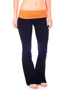 Fold Over Waist Solid and Contrast Lounge Pants (Large, Black/Neon Orange)