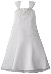 Girls Beaded Organza/Polyester/Satin Cap Sleeves Tea Length  Dress