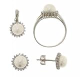 1/3 Carat Pearl Diamond 14K White Gold Ring Stud Earrings, Ring, and Pendant Set