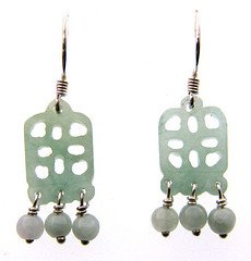 Sterling Silver Genuine Green Jade Carved Drop Earrings