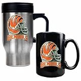 Cincinnati Bengals Stainless Steel Travel Mug and Black Ceramic Mug Set (Helmet Logo)