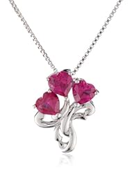 XPY Sterling Silver Bouquet of Ruby Heart Flower Pendant Necklace, 18"