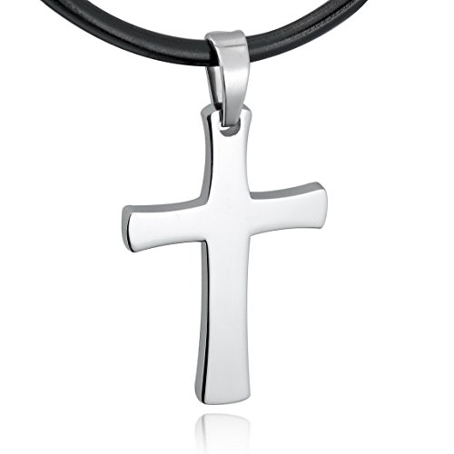 Men's Stainless Steel Leather Pendant Necklace Silver Cross Adjustable Polished -with 20 inch Cord