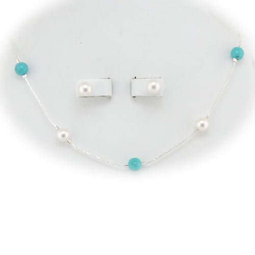 White Swarovski Pearls Turquoise Station Illusion Sterling Silver Chain Necklace Earrings 20 Inch