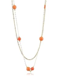 Gold Tone Dyed Coral and Mother-Of-Pearl Round Bead Stations and Clasp Double Chain Necklace, 32"-34"