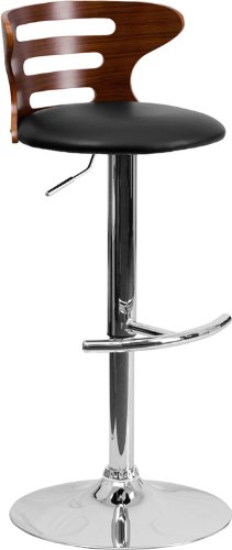 Flash Furniture Walnut Bentwood Adjustable Low Back Height Bar Stool with Black Vinyl Seat and Cutout Back