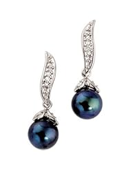 14K White Gold Freshwater Black Pearl Diamond Earrings