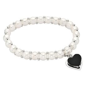 6-7mm Button Cultured Freshwater Pearl and Onyx Sterling Silver Heart Bracelet