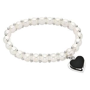 6-7mm Button Cultured Freshwater Pearl and Onyx Sterling Silver Heart Bracelet