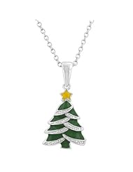 Alexander James White Gold Rhodium Bonded Holiday Enamel Christmas Tree Pendant in Silvertone Chain Included