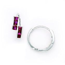 14K White Gold Ruby Red CZ Square Huggy Earrings