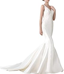 V-neck Mermaid  Lace Satin  Ball Gown Wedding Dress 