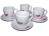 ArtisanStreet's Eight Piece China Espresso Coffee Set Features Four Cups And Four Matching Saucers. Bright Red Cherry Design on White China. One Of A Kind, Hand Painted & Signed By Artisan.