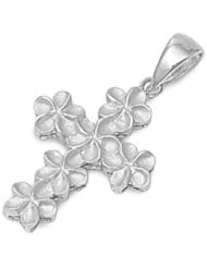 Sterling Silver Plumeria Cross Pendant Fashion Christian Charm Pure 925 New 25mm with 1mm Box Chain