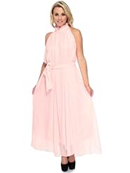 Sleeveless Chiffon Full Length High-Neck Ruched  Evening Dress  With a Sash  and Ruffles