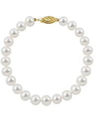AA+ Quality Round White 6.5-7mm Akoya Pearl Strand Bracelet 8", with 14k Yellow Gold
