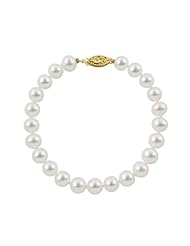 A Quality Round White 7-7.5mm Akoya Pearl Strand Bracelet 8 Inch, with 14k Yellow Gold