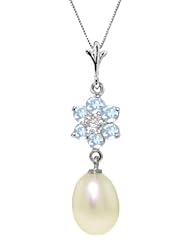 14k White Gold Pearl Necklace with Aquamarine Flower