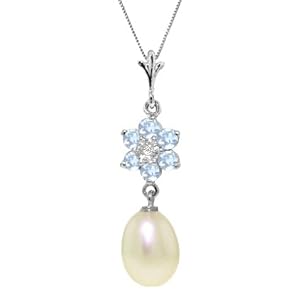 14k White Gold Pearl Necklace with Aquamarine Flower by