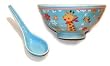 Blue children's rice bowl and spoon set with giraffes - porcelain, handpainted
