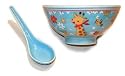 Blue children's rice bowl and spoon set with giraffes - porcelain, handpainted